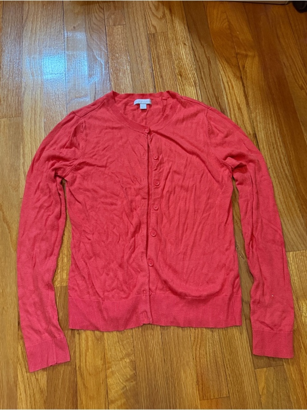 New York & Company Coral Pink Button-Up Crewneck Cardigan